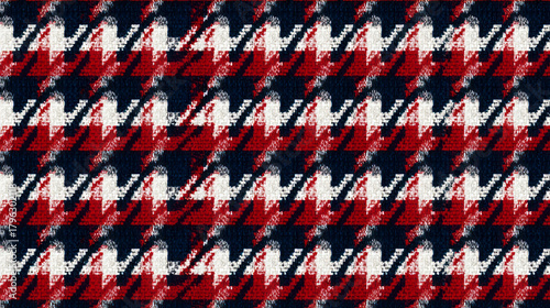 Patriotic houndstooth tartan pattern in red, white, and blue. Classic fabric textile background perfect for festive American holiday celebration
