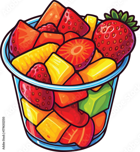 Vector illustration of sliced fresh fruits in a clear plastic cup, clean, bright, and modern style.