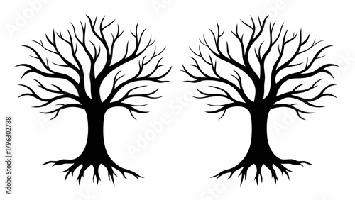 Striking silhouette of twin bare trees with detailed roots, perfect for nature-themed designs, book illustrations, and symbolic art projects with an organic feel