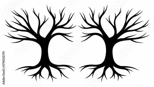 Twin bare trees silhouette creating a whimsical woodland frame, perfect for autumnal designs and nature-inspired projects needing a touch of rustic charm