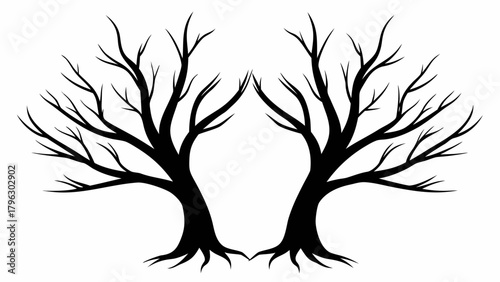 Striking silhouette of twin bare trees, perfect for nature-inspired designs, Halloween themes, or stark seasonal imagery, creating a powerful graphic statement