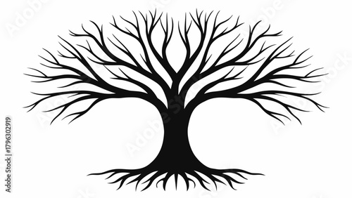Striking silhouette of a bare tree with intricate branches and roots, perfect for nature-inspired designs and family tree graphics, evoking strength and resilience