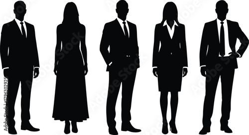 Business team silhouettes, professional men and women in formal office attire, corporate illustration, teamwork concept, elegant business vector design