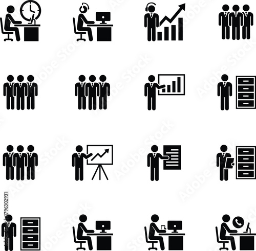 Business teamwork icon set, office work concept, data analysis, management presentation, communication, productivity, corporate people, leadership, professional growth illustration