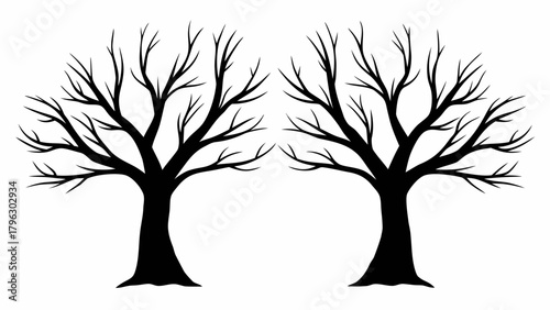 Two stark trees with barren branches create a spooky Halloween atmosphere, perfect for invitations, decorations, or eerie designs in black and white