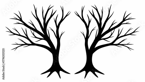 Twin silhouette trees create an enchanting forest pathway, perfect for fairytale designs, nature-inspired themes, and creating captivating invitations