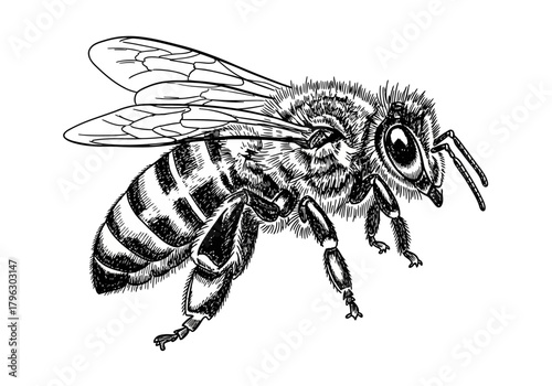 Detailed Honeybee Sketch Illustration | Hand-Drawn Insect Line Art Design