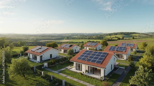 Wallpaper Mural Aerial view of residential houses with solar panels on the roofs in a green landscape on a sunny day. Sustainable energy concept.	 Torontodigital.ca