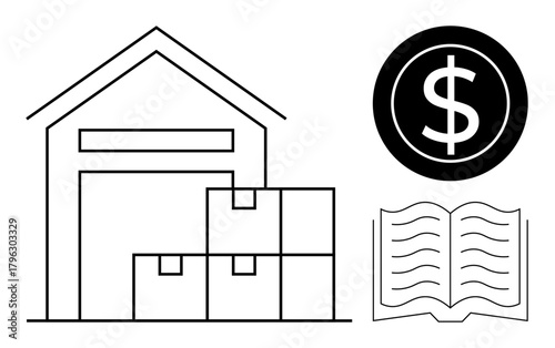 Warehouse building with stacked boxes, dollar sign in a circle, and an open book for logistics, finance, education, e-commerce, inventory, operations, planning or a simple flat metaphor