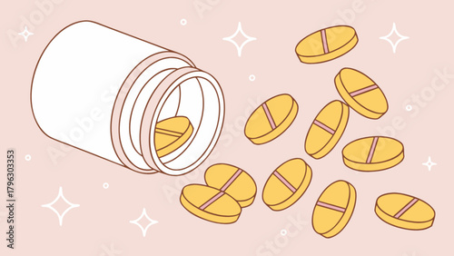 Pills spilling from bottle medication and supplements health care treatment pharmacy medicine prescription vitamins