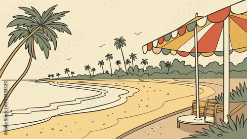 Cartoon beach scene with palm trees and umbrella for summer vacation travel destination and tropical getaway 1