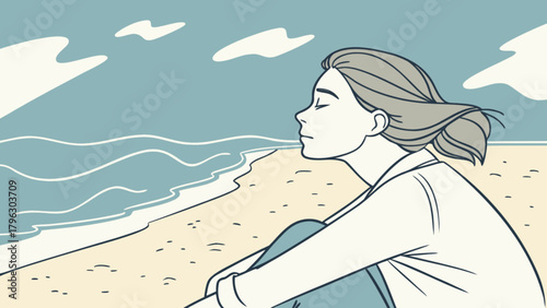 Woman sitting on beach illustration enjoying ocean breeze and peaceful moment of relaxation and mindfulness