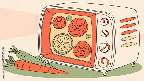 Retro microwave oven with vegetable slices cooking healthy food kitchen appliance vintage design illustration