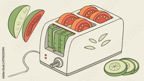 Toaster with tomato and cucumber slices healthy eating kitchen appliance breakfast food preparation illustration