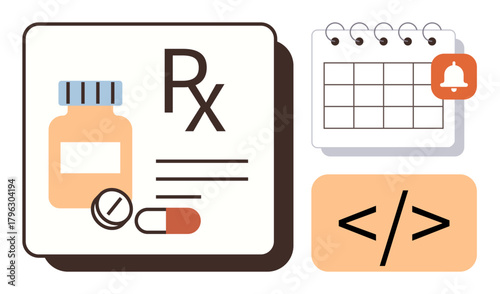 Medication bottle, pills, Rx symbol alongside a calendar with a notification and coding tag. Ideal for healthcare, reminders, technology integration, medical apps, digital tools, pharmacy