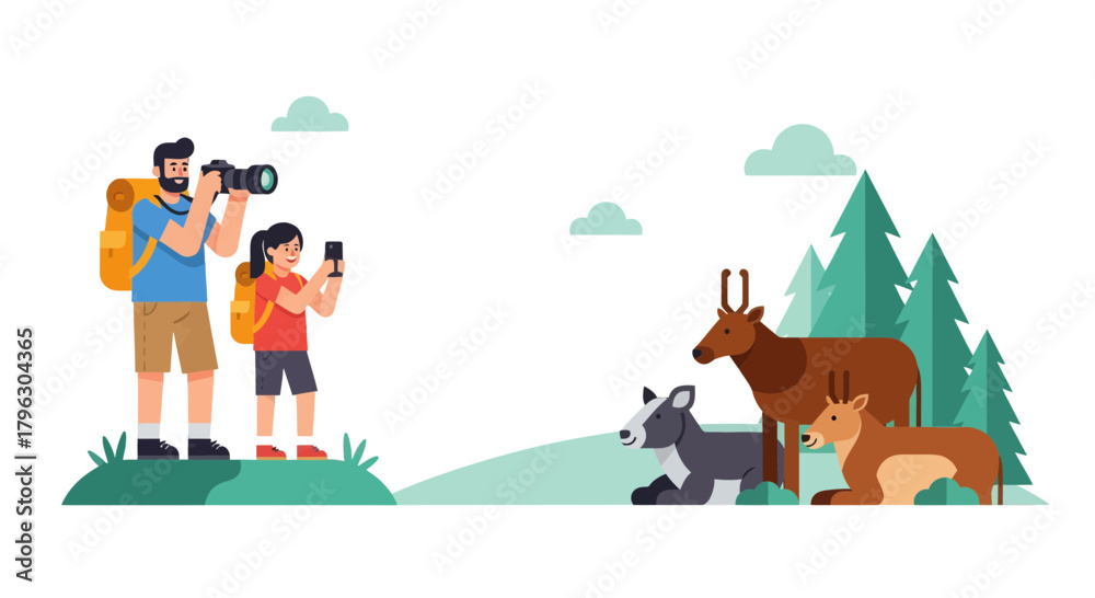 Naklejka premium Family Capturing Wildlife With Cameras And Enjoying A Beautiful Nature Scene
