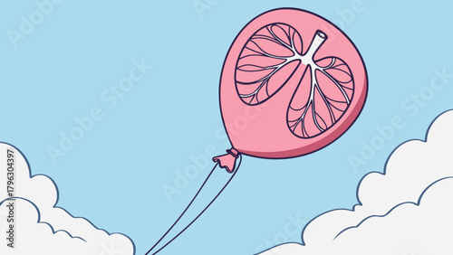 Lung health awareness balloon in sky illustration for respiratory wellness and healthcare promotion concept
