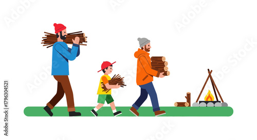 Family Preparing A Campfire In The Wilderness For An Evening Of Fun And Relaxation