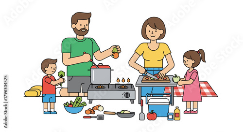 Family Preparing Delicious Meal Together: Modern Cooking Illustration, Cartoon Style Artwork