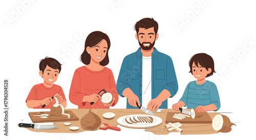 Family Preparing Delicious Root Vegetables Together For A Heartwarming Meal Experience