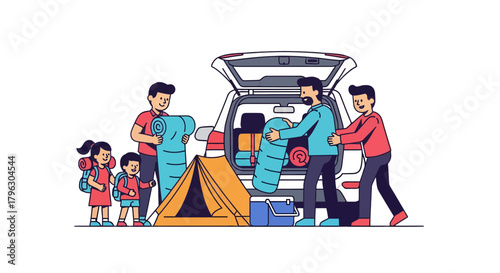 Family Preparing For A Camping Trip With Their Car And Supplies Ready To Go