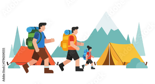 Family Embarking On Expedition Towards The Mountains For Camping And Outdoor Activities