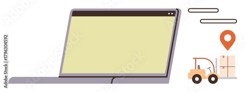 Open laptop with blank screen, forklift moving boxes, and location pin symbol. Ideal for logistics, e-commerce, supply chain, delivery apps, inventory, warehouse planning simple flat metaphor