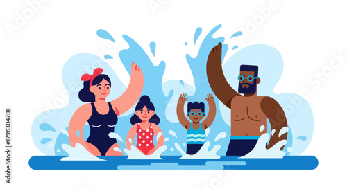 Family Summer Fun: Cheerful Illustration Of People Playing In The Water On A Black Background