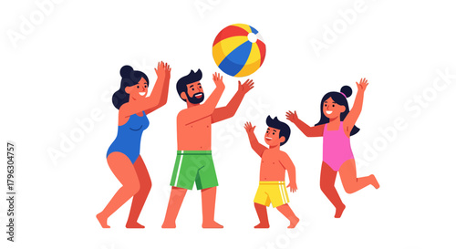 Family Summer Fun: Playing Beach Ball Game, Happiness Under the Sunshine Sky
