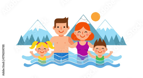 Family Swimming Adventure In Mountain Lake, Enjoying Outdoor Activities Together