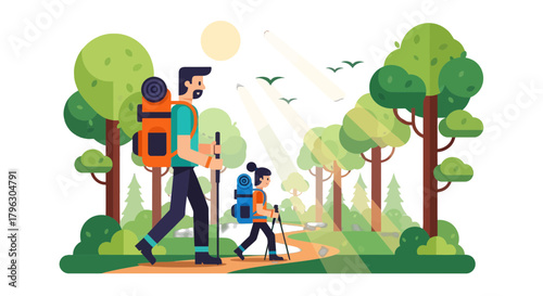 Family Trail Adventure During The Night, Hiking In The Woods Vector Illustration Design