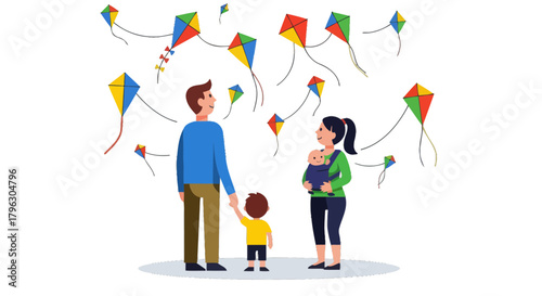 Family Enjoying Joyful Kite Flying Experience With Children in a Peaceful Atmosphere