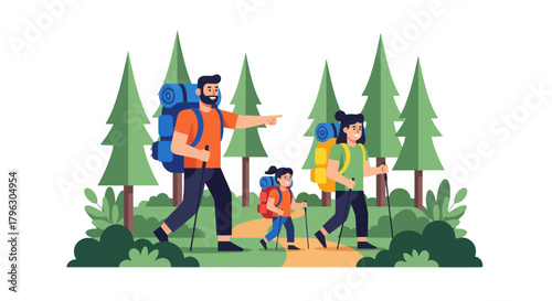 Family Trekking Through Forest With Backpacks And Walking Sticks, Outdoor Adventure