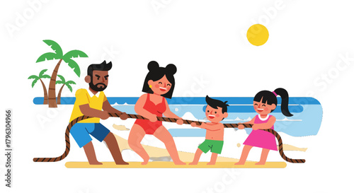Family Tug Of War Beach Fun Under The Sun Simple Vector Illustration Concept