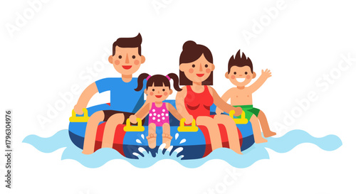 Family Enjoying Water Fun Adventures in Summer Time on a Tub in a Vibrant Illustration