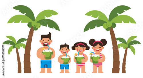 Family Vacation Enjoying Coconut Drinks Under Palm Trees on Tropical Beach Paradise