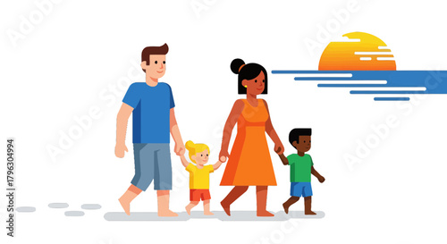 Family Walking Together at Sunset: A Joyful Illustrated Scene Depicting Unity and Happiness