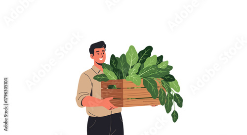 Farmer Carrying Freshly Harvested Greens from Organic Farm, Healthy Lifestyle Concept