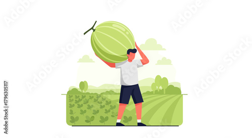 Farmer Carrying Giant Melon Illustration Revealing Bountiful Harvest in Agricultural Land