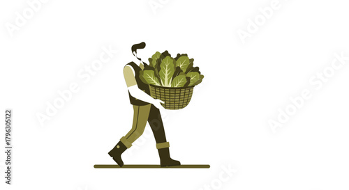 Farmer Carrying Harvested Greens in Basket Against a Black Backdrop for Illustration