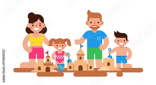 Family Fun Building Sandcastles at the Beach with Sunshine and Summer Joy