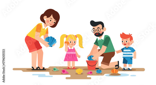 Family Fun Day At The Beach Collecting Seashells During A Sunny Summer Outing