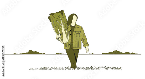 Farmer Carrying Harvested Napa Cabbage After a Long Day's Work Beneath a Black Sky