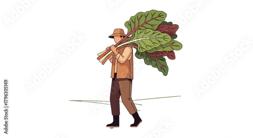 Farmer Carrying Harvested Greens on Shoulders Against Black Background Offering Bounty