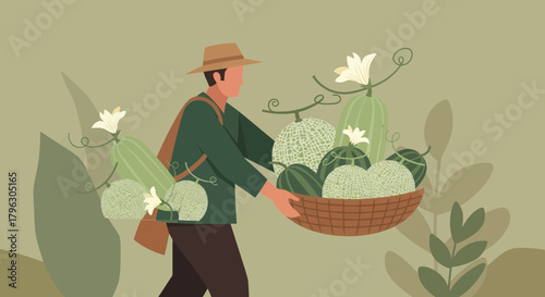 Farmer Carrying Harvested Melons in Rustic Basket for Sale in Illustration