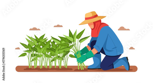 Farmer Cultivating Crops in Garden, Illustrating Agriculture and Sustainable Food Production