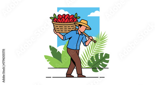 Farmer Carrying Harvested Produce in Basket Under Sunny Sky With Tropical Foliage