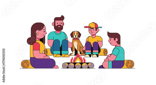 Family Gathered Around Campfire, Creating Ambiance and Sharing Stories Under the Black Sky