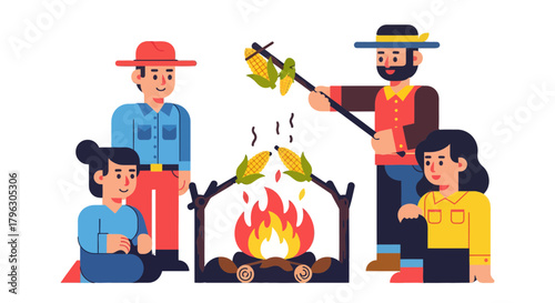 Family Gathered Around Campfire Preparing Roasted Corn for Delightful Summer Festivities