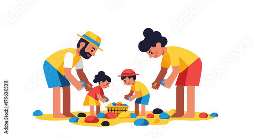Family Gathering At Beach With Children Searching For Stones On Clear Sand